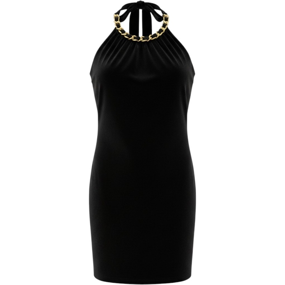 Cache Halter Dress Size M Black Gold Chain Neckline Bodycon Mini